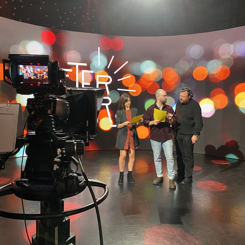 NFTS Outreach session in TV studio, rehearsing in front of camera