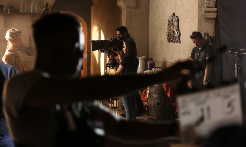 Students filming on set